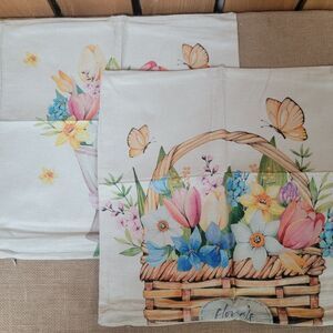 Pair of Canvas Pillow Covers Spring Flowers Basket Vase Watercolor 18x18" New